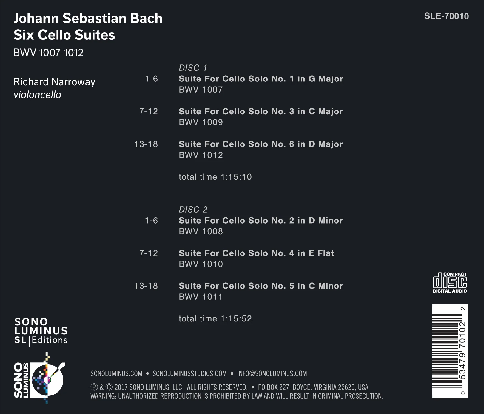 Six Cello Suites — Sono Luminus | Recording Studio & Record Label